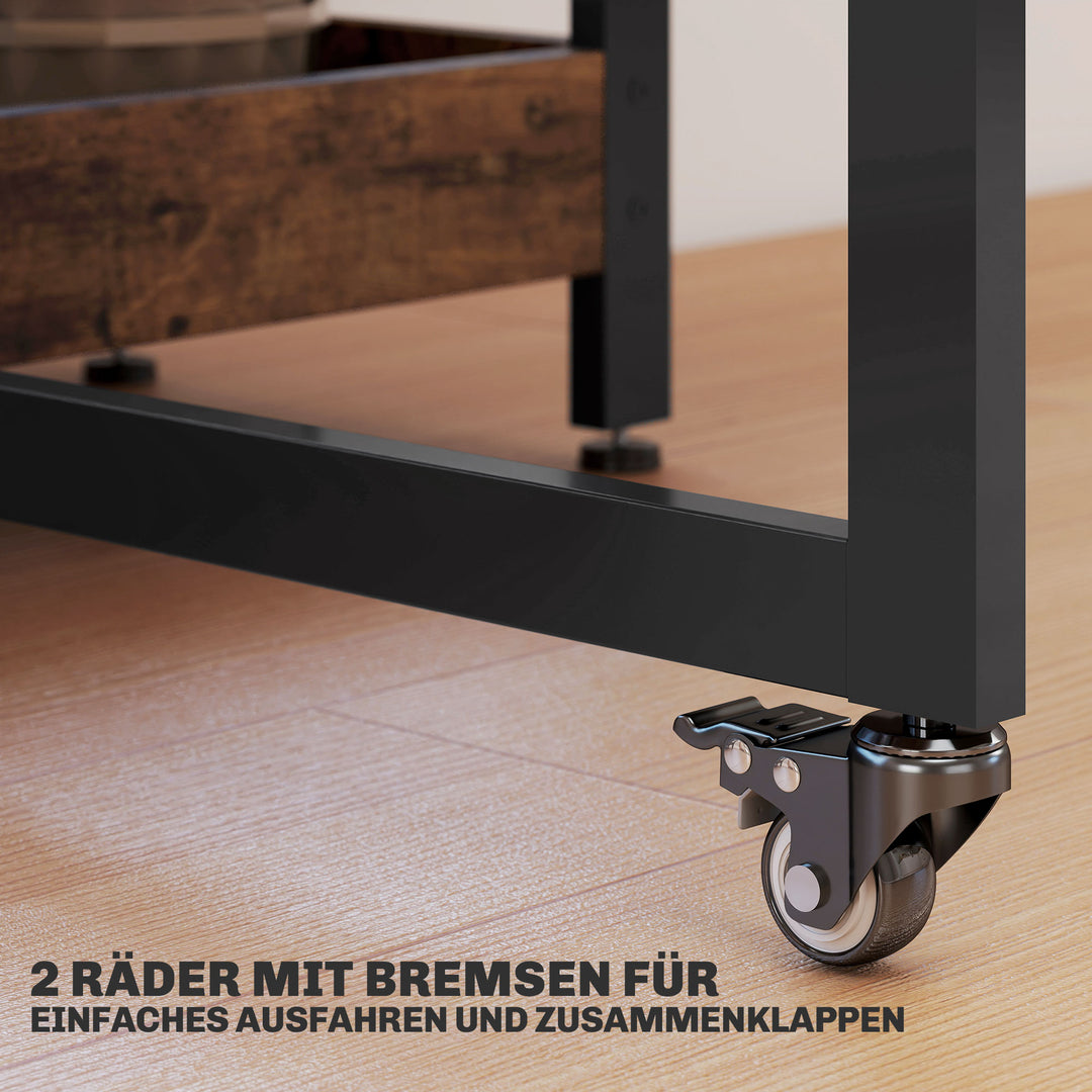 Klapbart spisebord i industrielt design, til op til 4 personer, åbne hylder, fleksibelt, metal, spånplade, brun