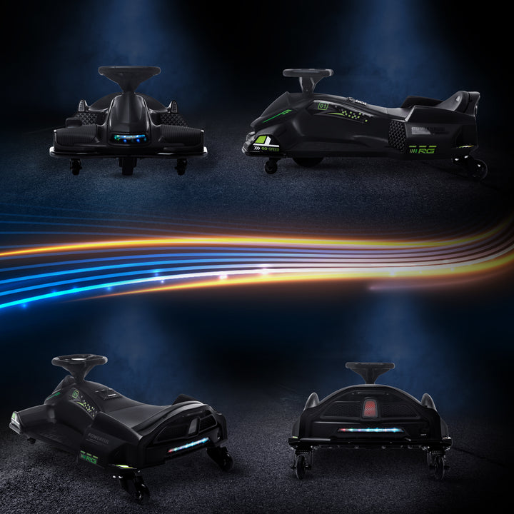 Elektrisk gokart til børn, gummihjul, 3-8 km/t, med lys og musikfunktion, sort