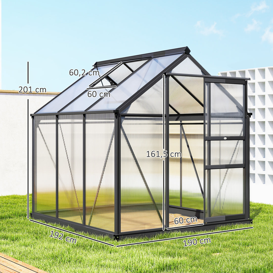 Aluminiumsdrivhus 3,65m² 190x192x201cm med fundament, tagvindue, skydedør, 4 mm UV-bestandige paneler, egnet til dyrkning af tomater, planter og som kold ramme til udendørs havebrug.