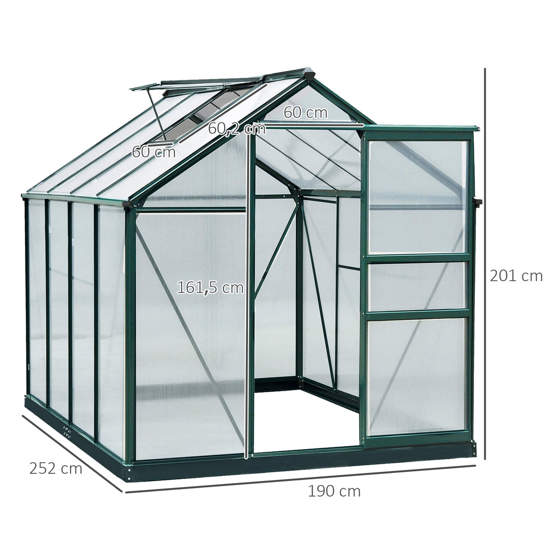 Drivhus, med tagvindue, skydedør, transparent, polycarbonat+aluminium, 190 x 252 x 201 cm