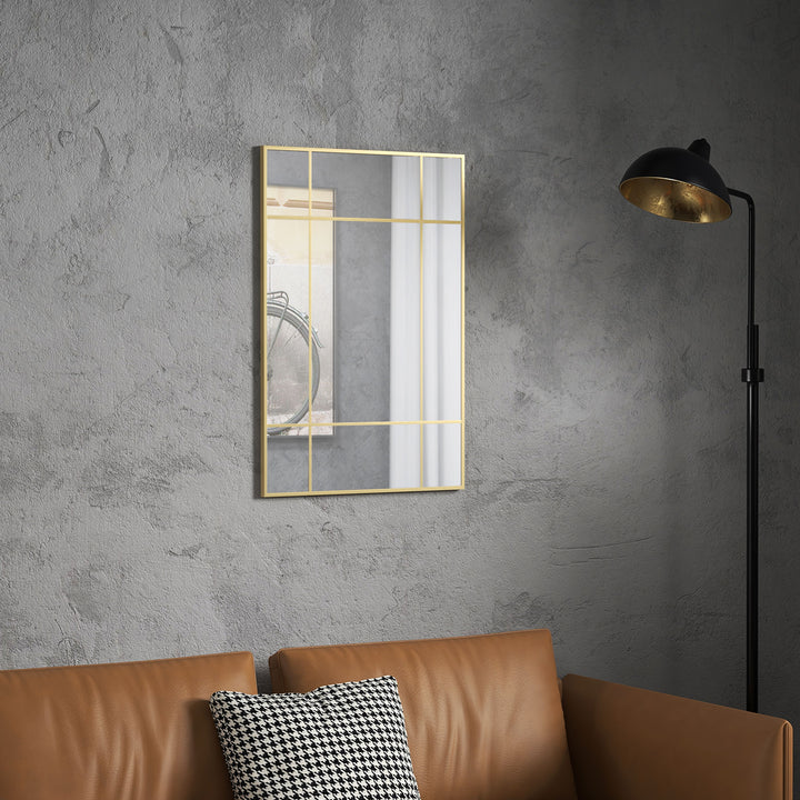 Vægspejl, dekorativt spejl med metalramme, guldfarvede striber, flerlagsglas, 90B x 2D x 60H cm