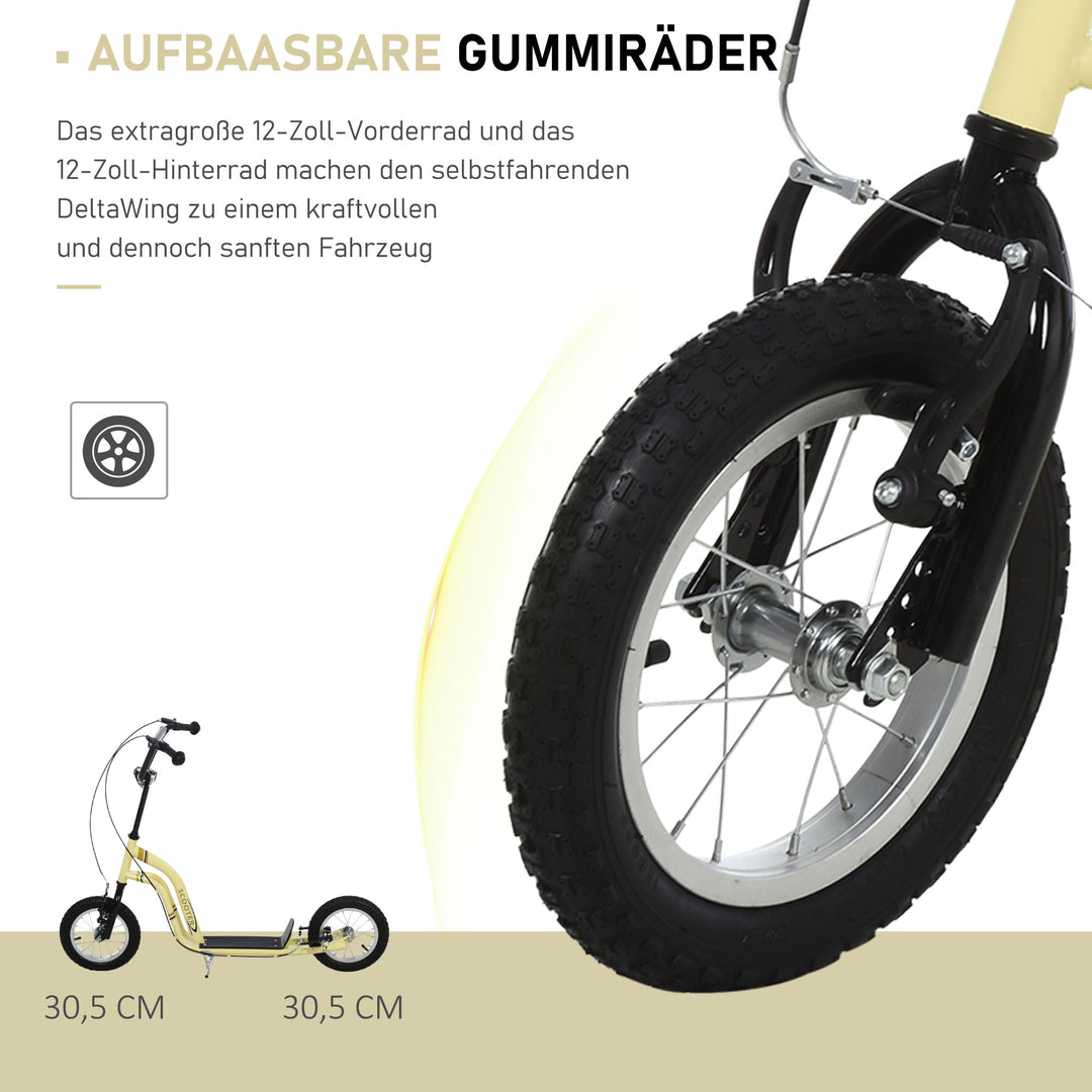 Børneløbehjul fra 5 år, løbehjul, city scooter, børne-sparkbræt med 12-tommer luftdæk, gummi, aluminium, beige, 120 x 58 x 85-95 cm