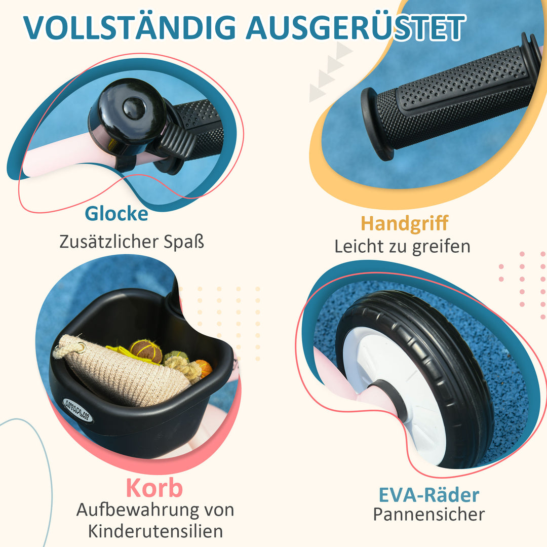 Trehjulet cykel til børn 2-5 år, højdejusterbart sæde, ringeklokke, cykelkurv, metalstel, pink