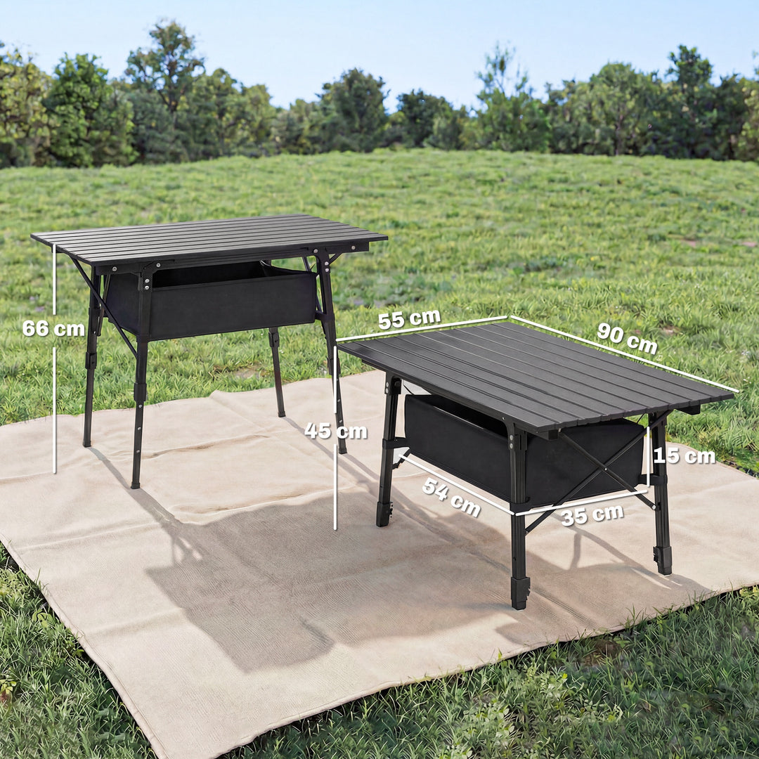Campingbord med opbevaringskurv, højdejusterbar, foldbar, aluminium, sort