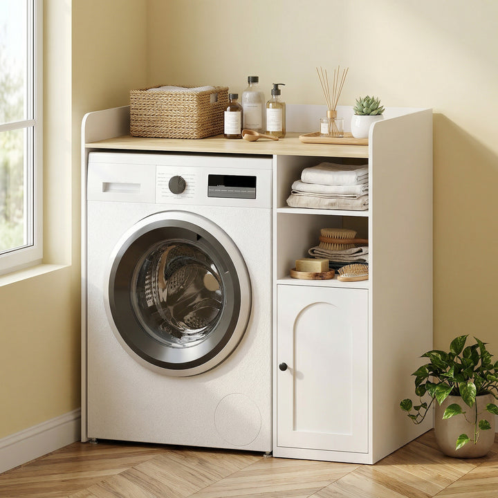 Vaskemaskineskab, badeværelsesskab, 93,5 x 60 x 100 cm, hvid og natur