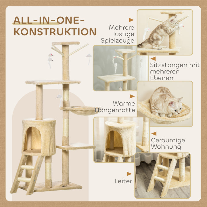 Kradsetræ 134,2 cm kattetårn med hule, 2 sisal-legetøjsstolper, stor platform, trappe, kradsetræ i flere niveauer, klatretræ, til mellemstore katte, beige+hvid
