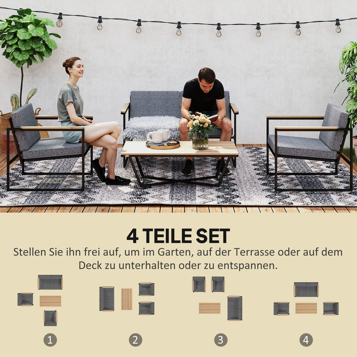 Havemøbelsæt til 4 personer vejrbestandigt balkonmøbelsæt med 2-personers sofa, 2 stole sædehynder sidebord grå