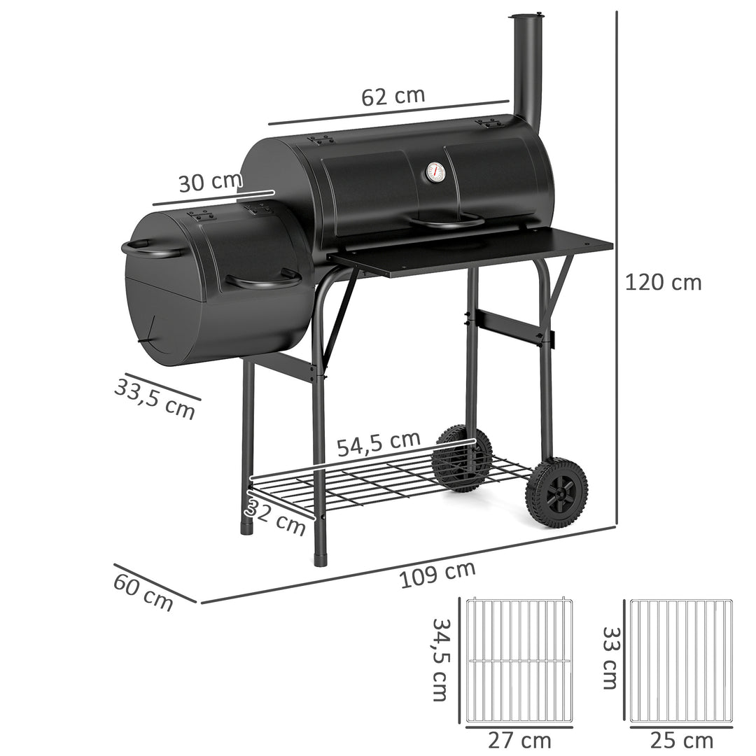 Kulgrill af stål bbq-ryger med låg, termometer, hjul, lufttilførsel og kulbakke