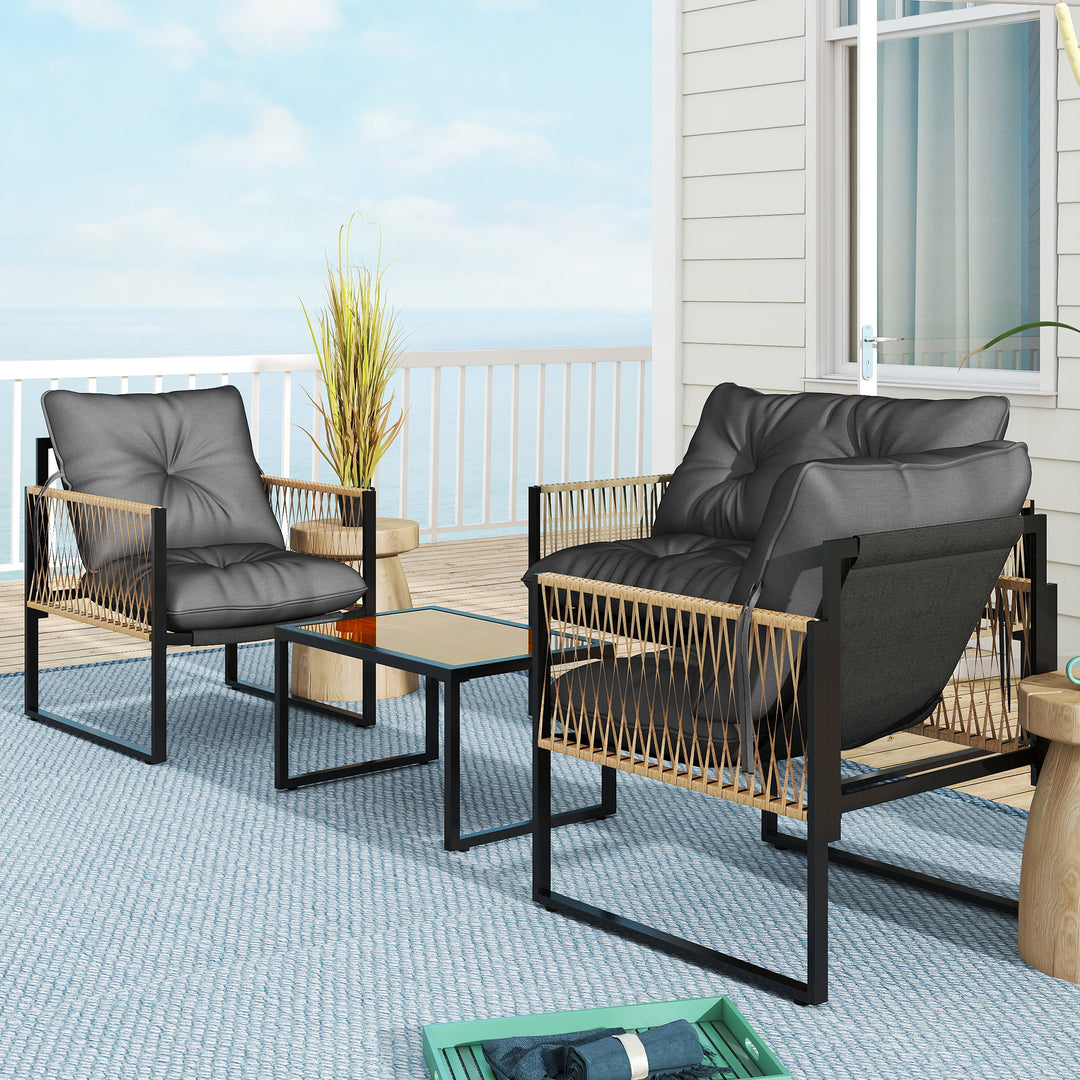 Havemøbelsæt, 4 dele, sofa, 2 stole, bord med glasplade, metalstel, polyrattan, antracit