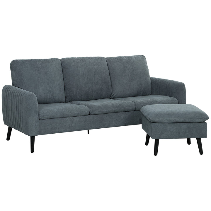 Hjørnesofa, 3-personers sofa med fodskammel, stofbetræk, L-formet sofasæt, mørkegrå