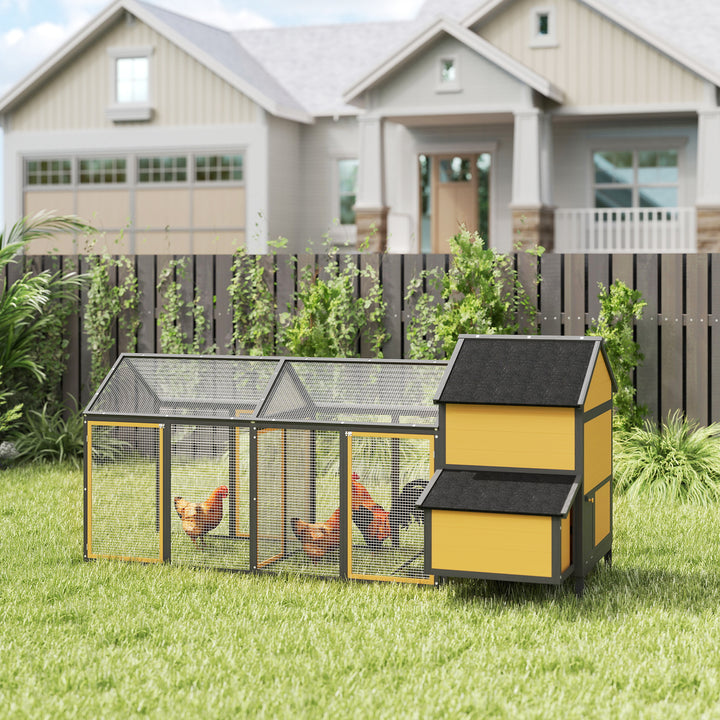 Hønsehus til smådyr 2 udendørs indhegninger, 1 redekasse, 2 ramper, asfalttag, vejrbestandig, gul