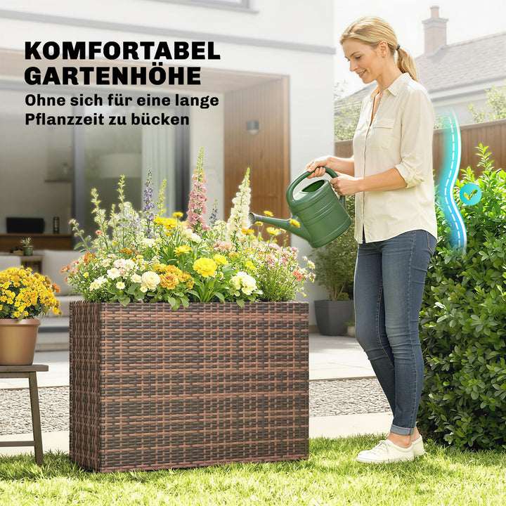 Hævet havebed med justerbare fødder, rattan blomsterkasse med aftagelig indsats til terrasse og balkon, brun