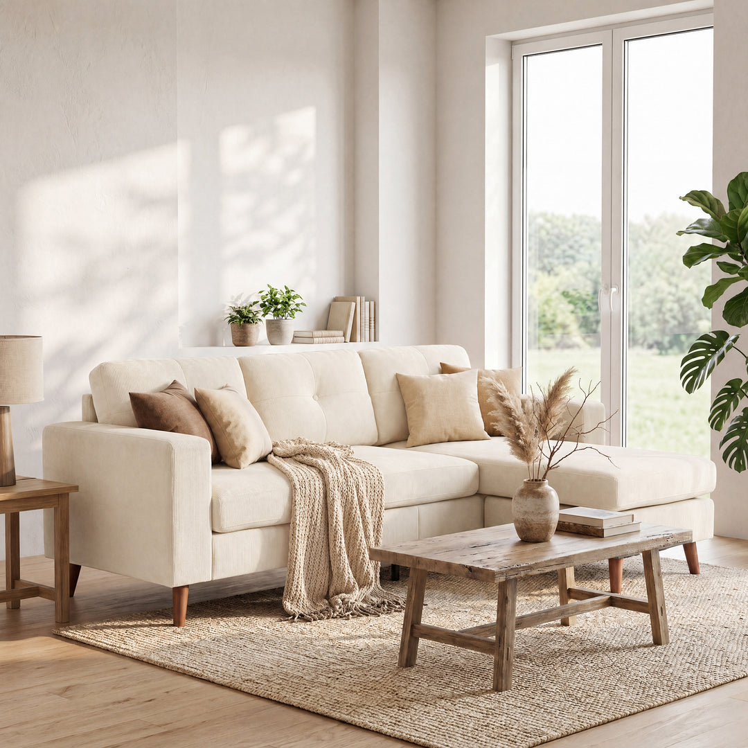 Hjørnesofa 192 cm L-formet 3-personers sofa med vendbar chaiselong, corduroy-look, til små rum, cremehvid