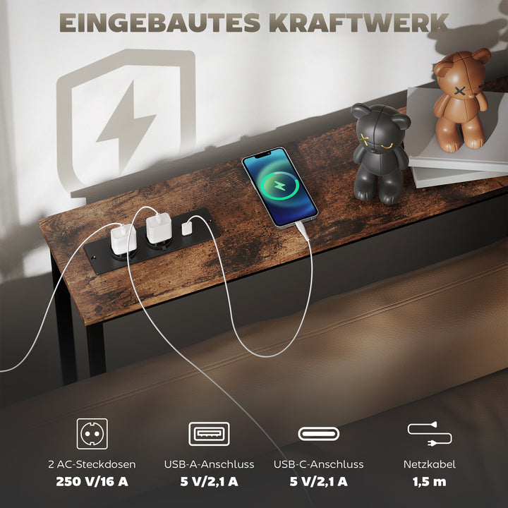 Slankt konsolbord med ladestation, industriel stil, stålstel, brun