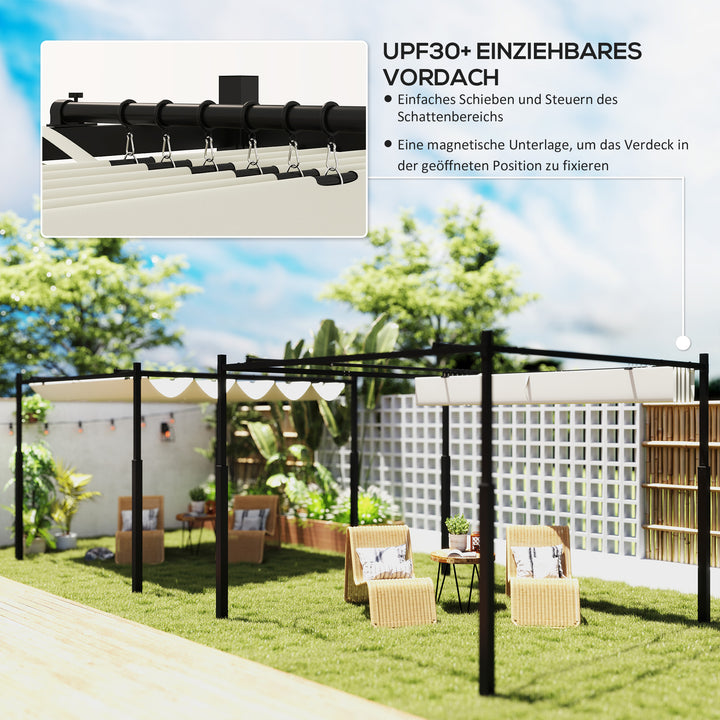 Havepergola, 3 x 3 m, udtrækkeligt tag og magnetisk pude, udendørs baldakin, havepavillon, UPF30+, metal, cremehvid