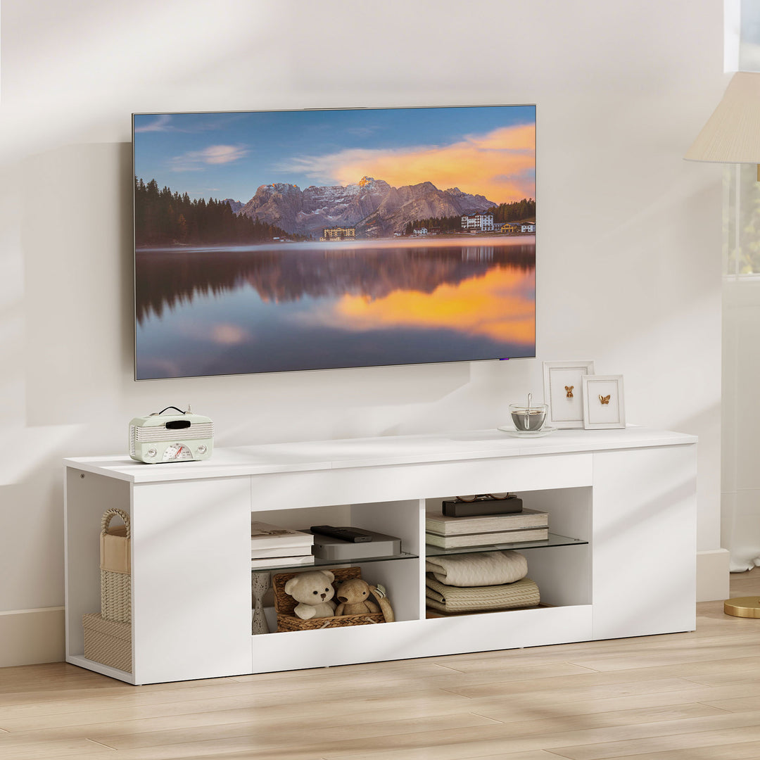 140 cm TV-bord, TV-skab, 6 rum, 2 glashylder, spånplade, hvid