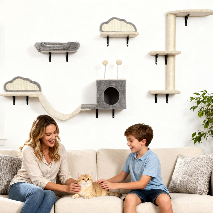 Vægmonteret kradsetræsæt, sisal kradseflader, 4 dele, til 1-3 katte, beige