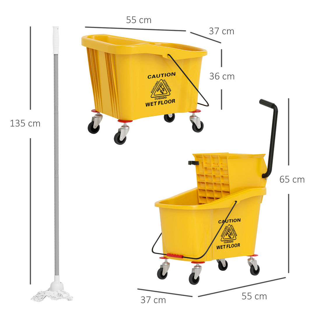 Moppespand på hjul med moppepresse, moppeholder, 36 liter, plastik, gul