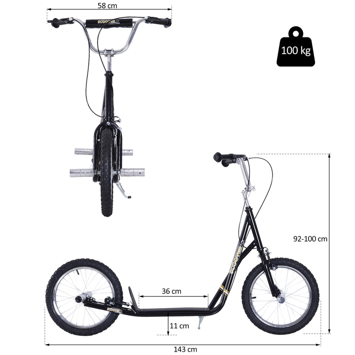 Børnescooter med pneumatiske dæk, sparkscooter, city scooter til børn, sparkbræt 16 tommer fra 5 år, højdejusterbar, sort, 143 x 58 x 92-100 cm