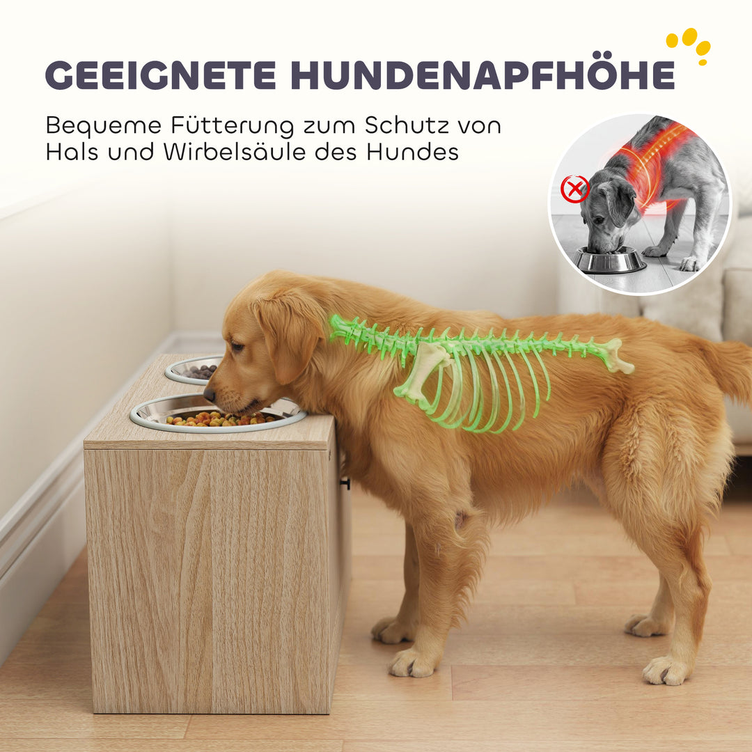 Hundefoderstation med 2 skåle i rustfrit stål, redskabsskab, til store hunde, tilbehør, træ