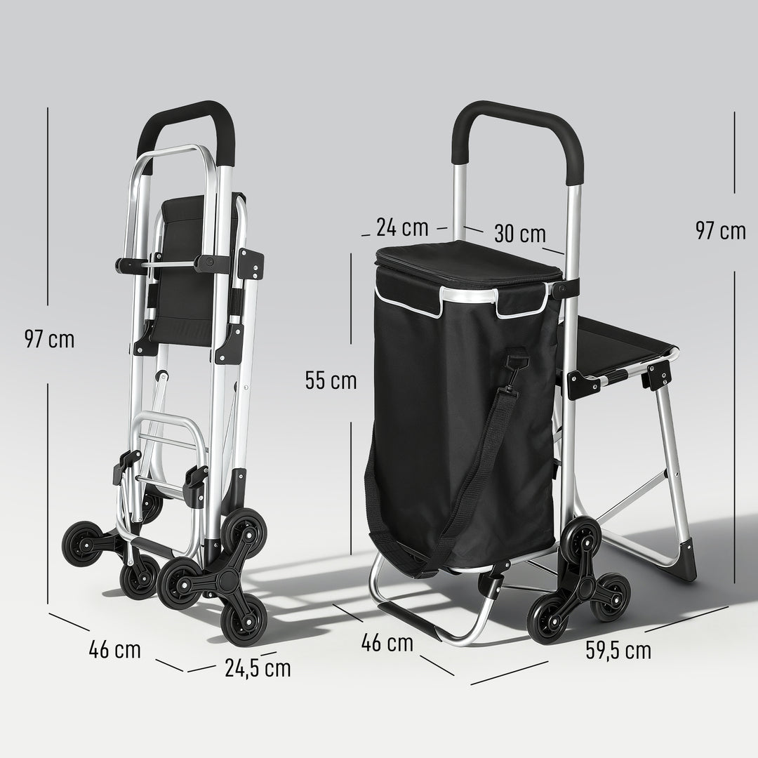 Indkøbsvogn, 40L Oxford-taske, 3-hjuls design, aluminiumsstel, sæde, grå