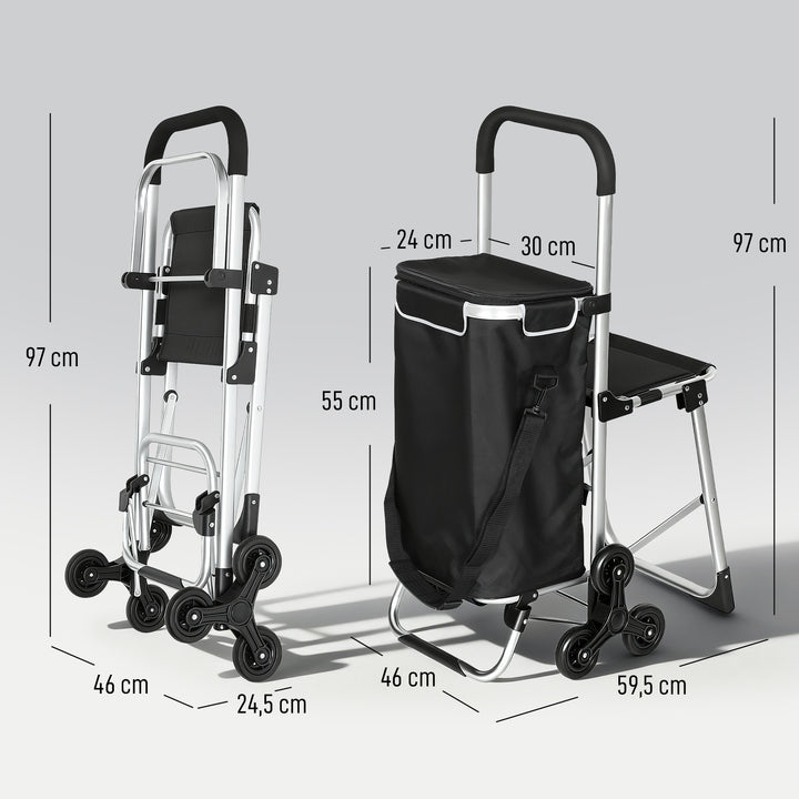 Indkøbsvogn, 40L Oxford-taske, 3-hjuls design, aluminiumsstel, sæde, grå