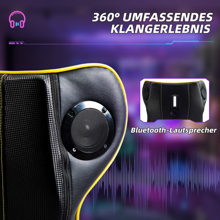 Gamingstol med vippefunktion og højttaler, lænde- og nakkestøtte, til legerum, kunstlæder, gul+sort