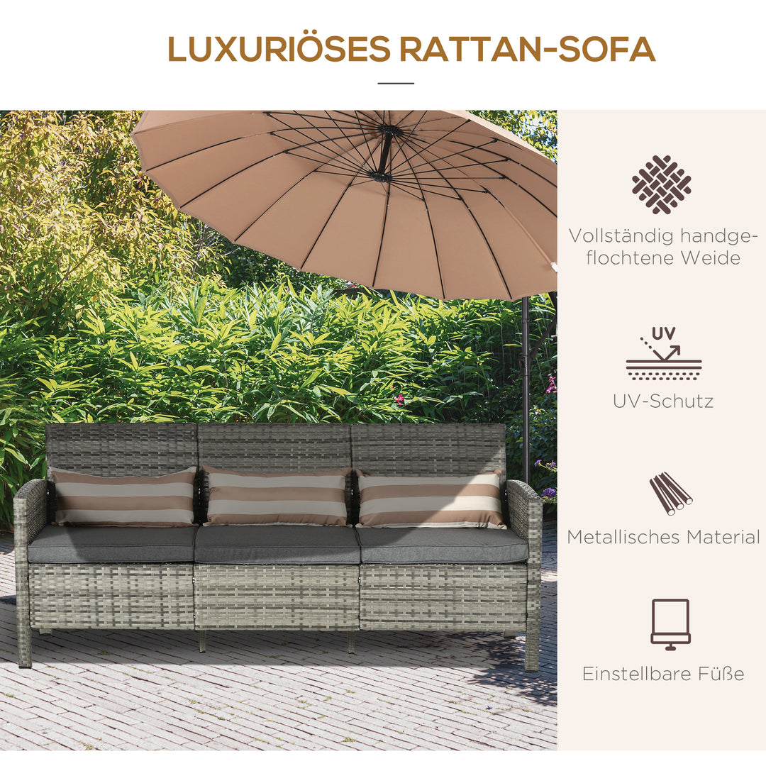 Rattan sofa med hynder, tre-personers, havelounge sofa, stål, grå, 173 x 68 x 78 cm