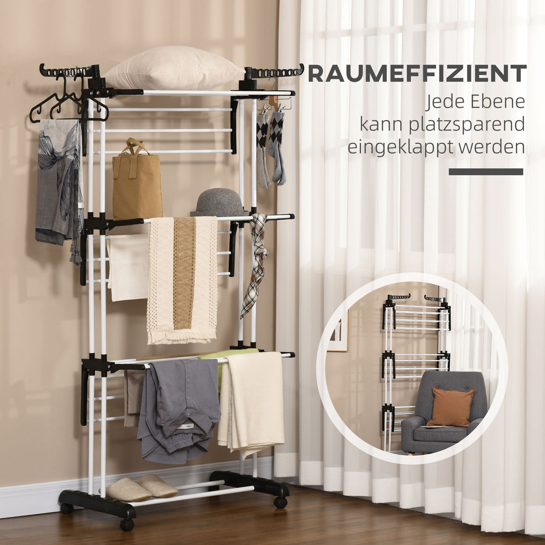 Tørrestativ, 4 niveauer, foldbar, 4 hjul med 2 bremser, metalramme, sort, 73 x 64 x 177 cm