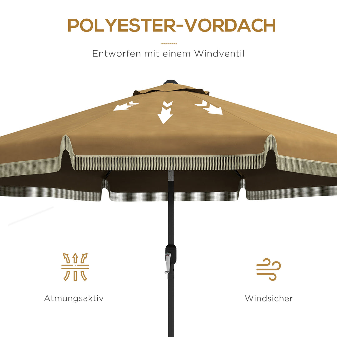 Parasol med frynset dekoration, Ø265 cm, vipbar, todelt metalstang, vindventil, khaki/sort