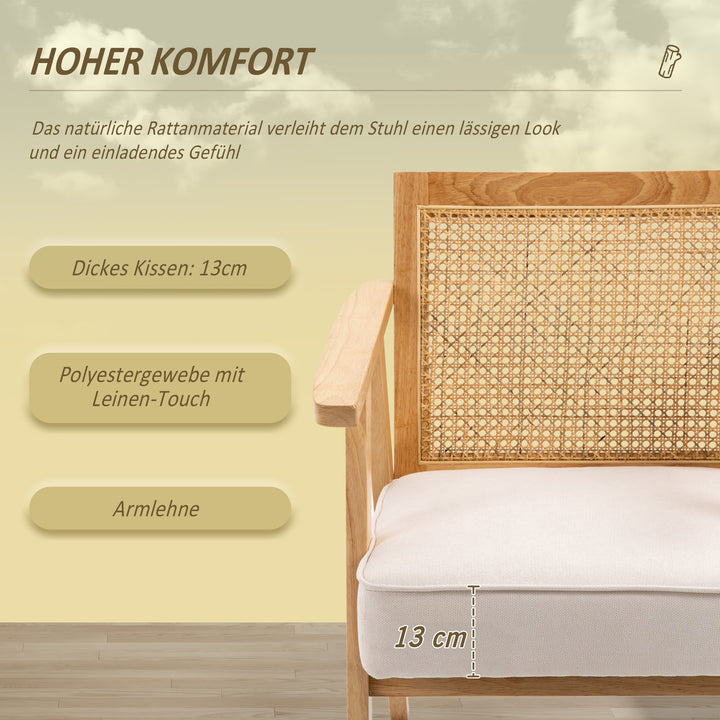 Eksotisk polstret stol, gummitræ, sædehynde med hørlook, 63l x 69b x 78h cm, cremehvid