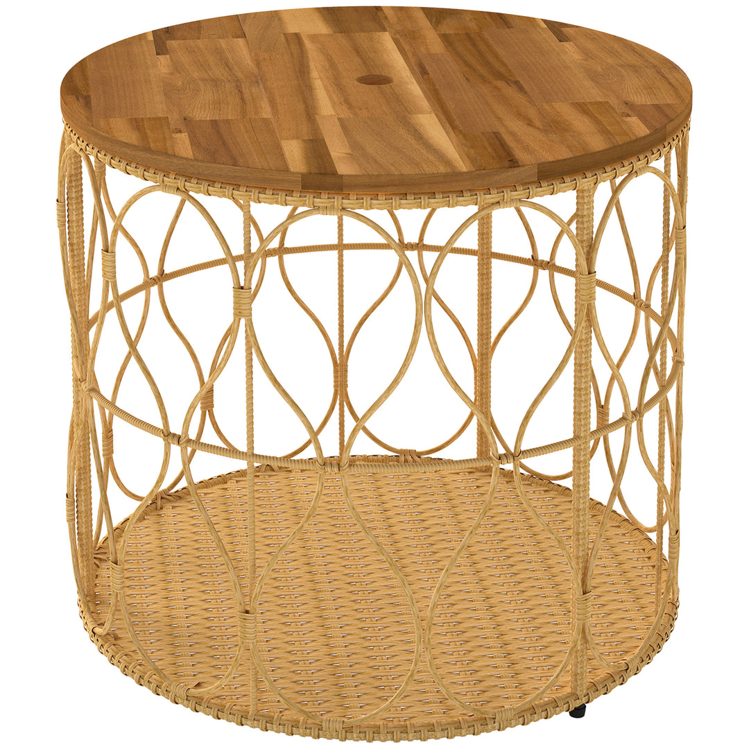 Sidebord Ø50 cm, vejrbestandigt havebord med rattan-look, bordplade i akacietræ, justerbare fødder, teak