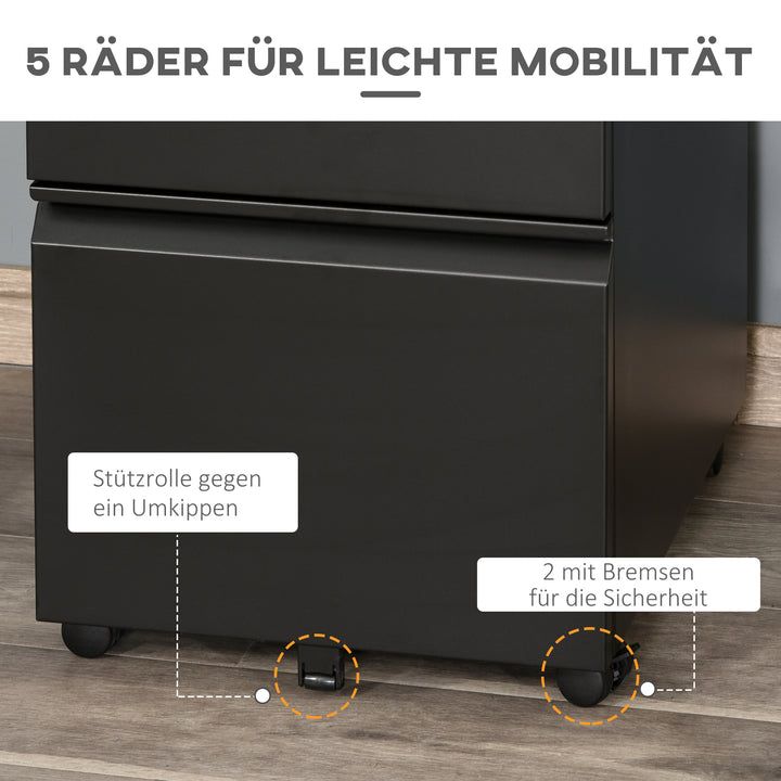Mobilt arkivskab, 3 skuffer, 5 hjul, hængemappe, aflåselig, stål, sort 39 x 48 x 60 cm