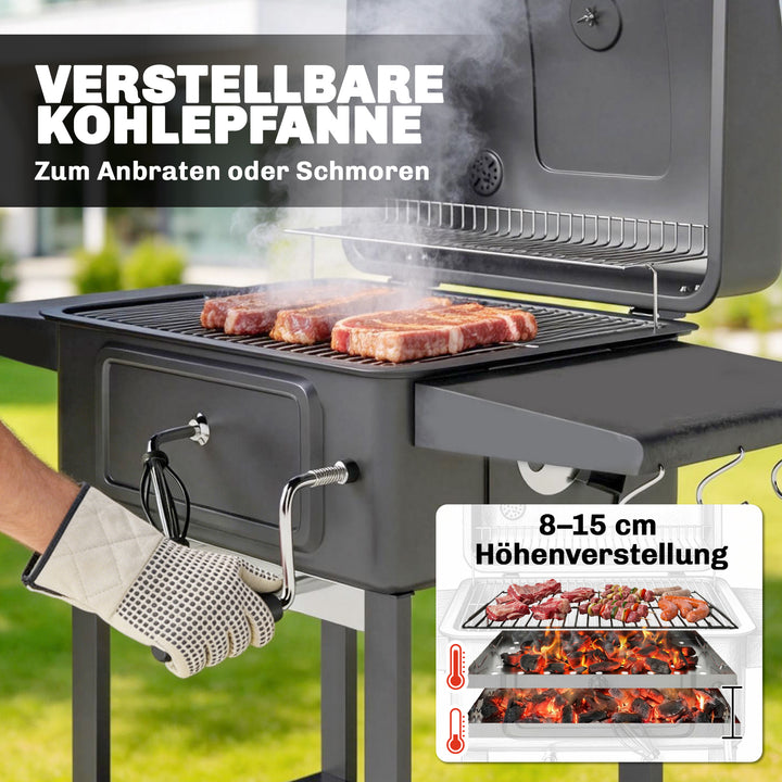 Kulgrill BBQ-ryger med låg, termometer, højdejusterbar kulpande, skorsten, grillrist, sidebord, askeskuffe