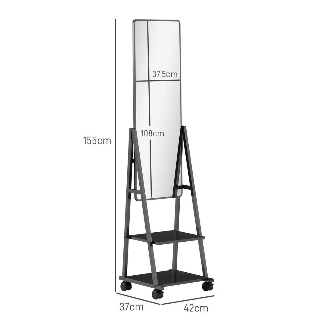 Rullespejl i fuld længde med 2 hylder og 4 hjul, til soveværelse, stue, entré, sort