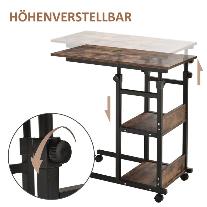 Sidebord med hjul, højdejusterbart, kompakt, 2 hylder, metalstel, 80x40x72-82 cm, brun/sort