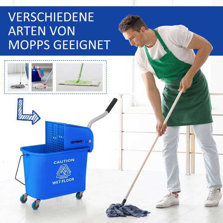 20L moppespand med vridemaskine og håndtag, moppespand på hjul, plastik, blå