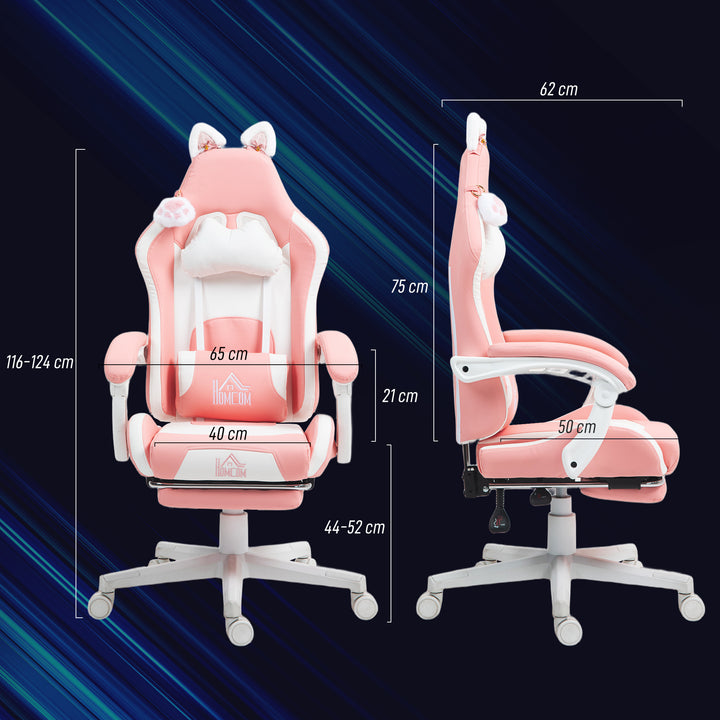 Gamingstol med katteører, lænelæn, udtrækkelig fodstøtte, op til 120 kg, pink/hvid