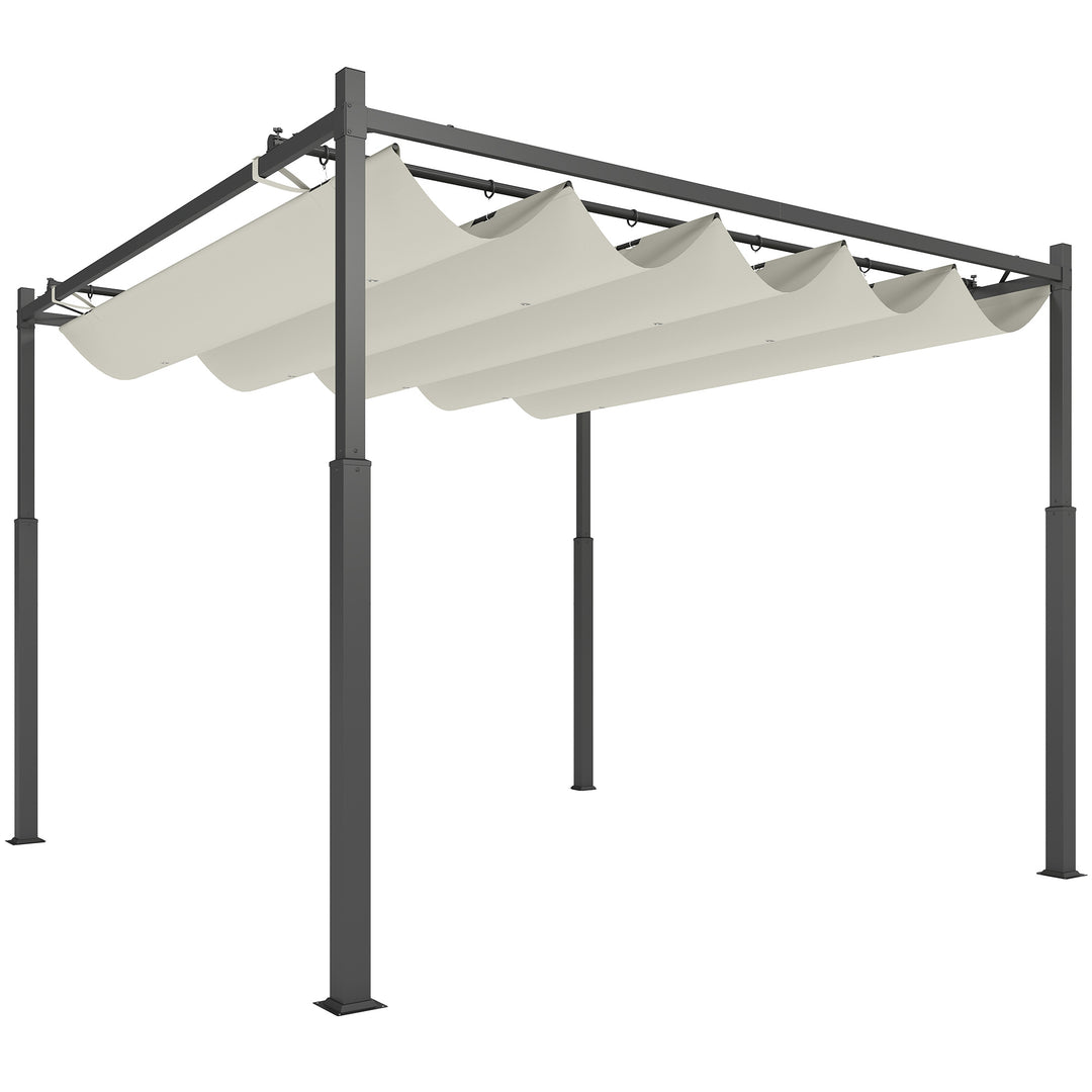 Havepergola, 3 x 3 m, udtrækkeligt tag og magnetisk pude, udendørs baldakin, havepavillon, UPF30+, metal, cremehvid