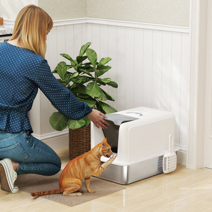 Kattebakke, bakke i rustfrit stål, filter, ske, til katte op til 6 kg, 40,5 x 60,5 x 41,5 cm, hvid/sølv