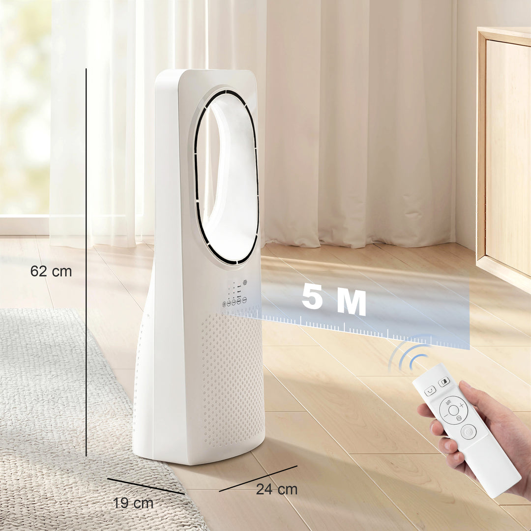Bladløs tårnventilator til soveværelser, 36 dB standerventilator med 45° oscillation, 3 hastigheder, 3 tilstande, 15-timers timer, hvid