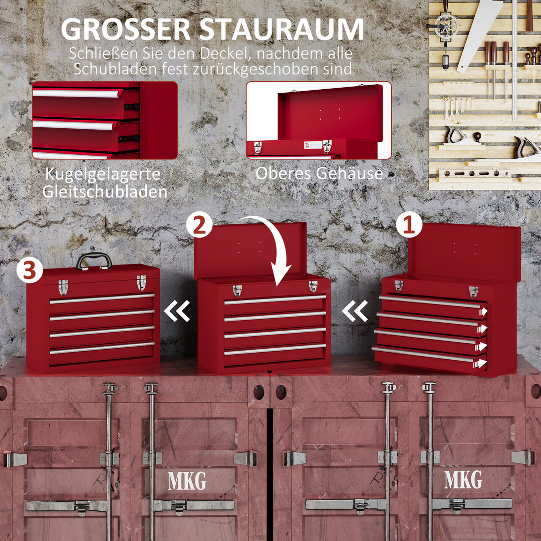 Værktøjskasse med 4 skuffer, opbevaringsrum i toppen, stållåse, bærehåndtag, 51 x 22 x 39,5 cm, rød