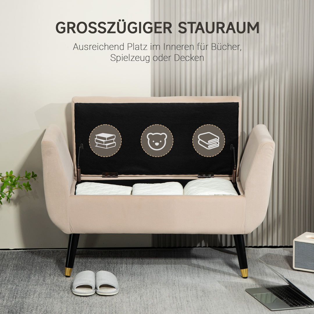 Polstret bænk med opbevaring, armlæn, fløjlspolyester, gummitræ, 107 x 42 x 65 cm, beige