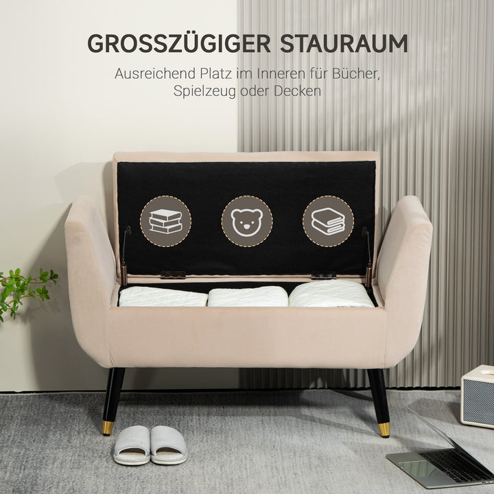 Polstret bænk med opbevaring, armlæn, fløjlspolyester, gummitræ, 107 x 42 x 65 cm, beige