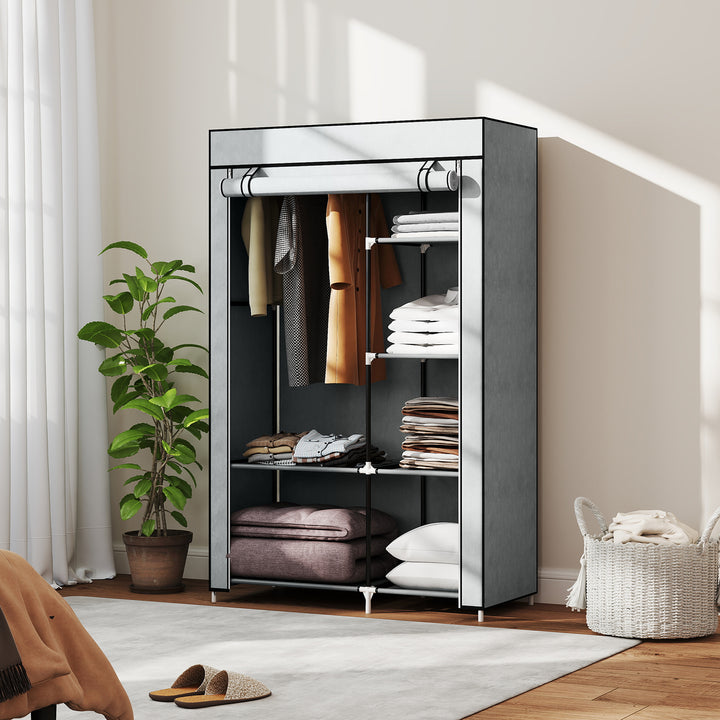 Stofgarderobe, opbevaringsløsning, 6 hylder, 1 garderobestang, lysegrå