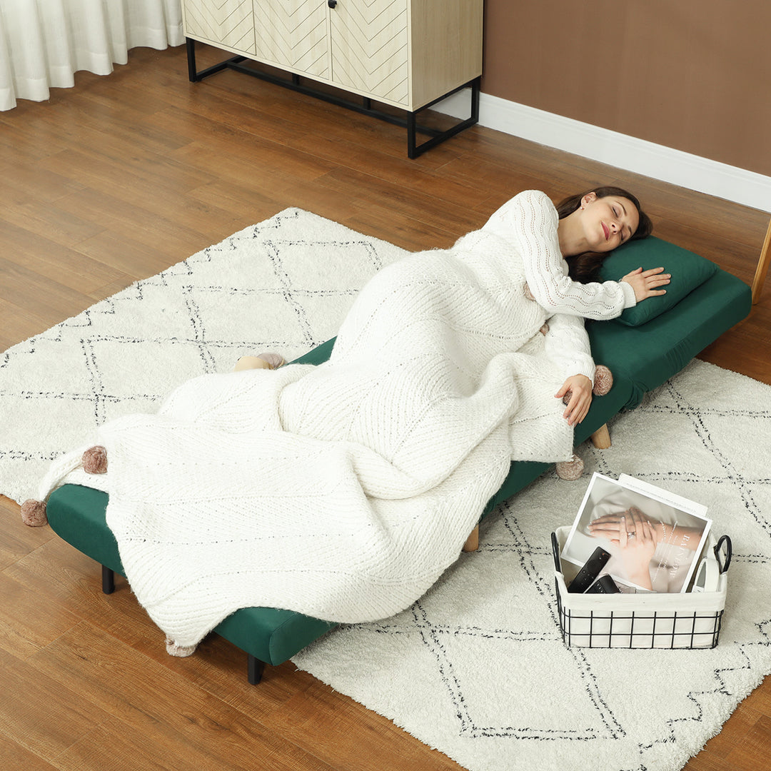 Klapstol med sengefunktion, foldbar afslapningsstol i fløjlslook, justerbar ryglæn, lasteevne op til 120 kg, mørkegrøn