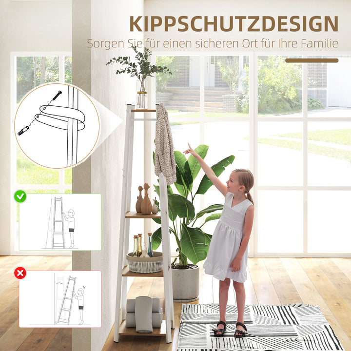 Tøjstativ, trapezformet design, tre etager, 8 dobbelte knager, stål, hvid+eg