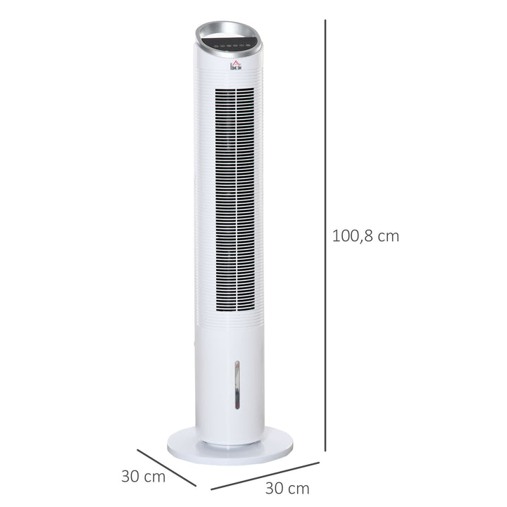 Tårnventilator med vandkøling og fjernbetjening, 60W, 20㎡ (30 cm x 30 cm x 100,8 cm), 3 tilstande, hvid