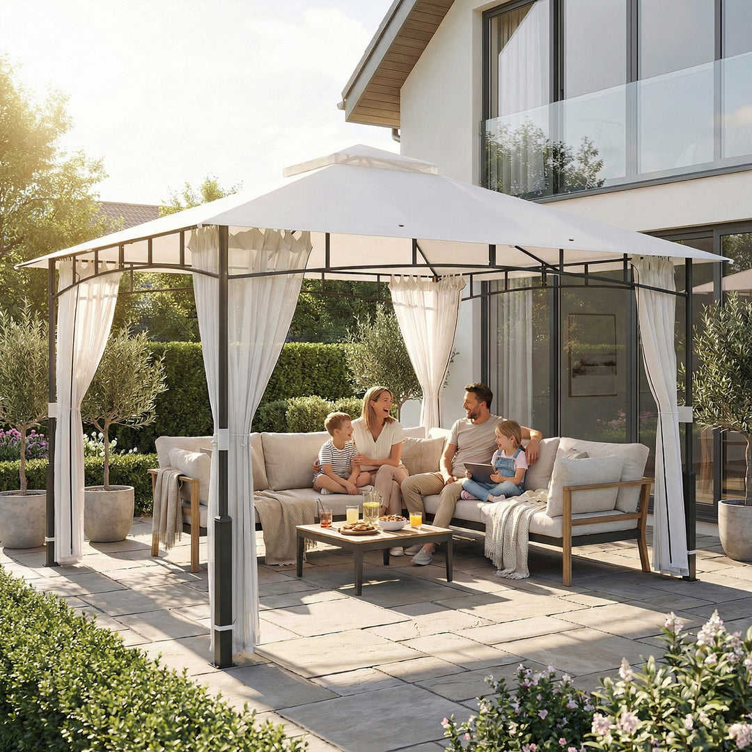Pavillon, 3x3,6 m, vandafvisende, robust havepavillon med myggenet, dobbelttag, til have, terrasse, sort