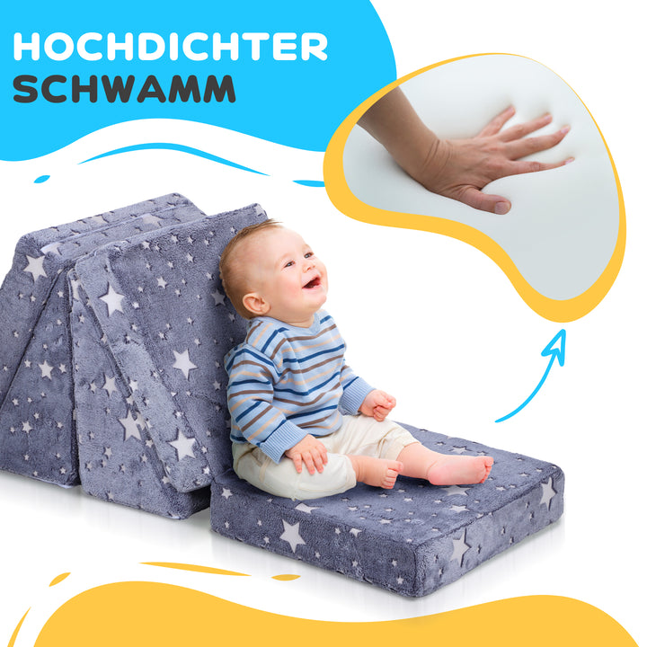 5-Delt modulært børnesofasæt med trappe og madras, pony- og stjernemønster, selvlysende, grå